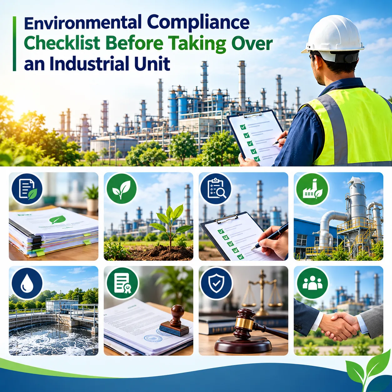 Environmental compliance checklist before taking over an industrial unit, featuring factory inspection, pollution control systems, and environmental approvals.
